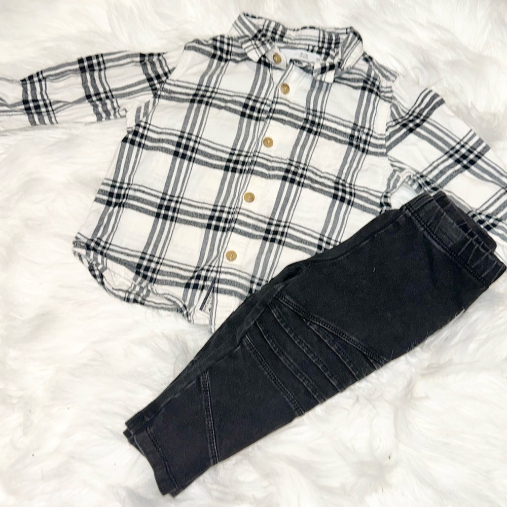 Zara Plaid Shirt and Black Moto Legging Pants Set